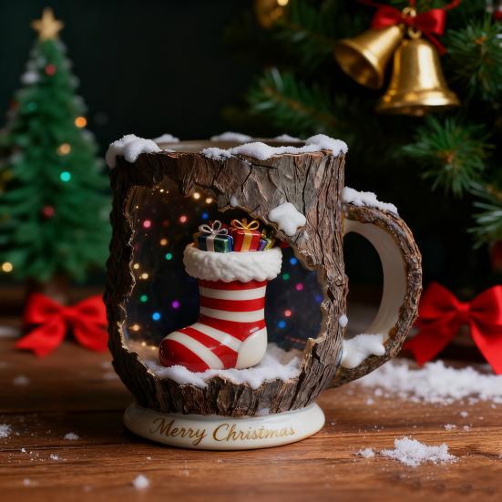 Festive Christmas Mug 3D Tree Bark Texture Themed Santa Reindeer Coffee Cup Resin Holiday Decor Novelty Gifts