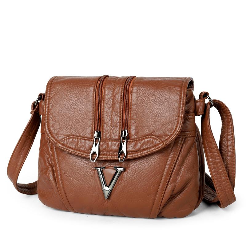 Elegant PU Leather Crossbody Bag for Women – Vintage-Style Design with Dual Zip Closure and Metal V Logo, Perfect for Daily Wear