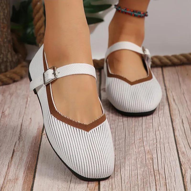 Seasons Women's Shoes Elegant Ballet Flats Fashion Pumps Buckle Strap Mary Jane Shoes Knitted Fabric Casual Shoes Ladies Loafers