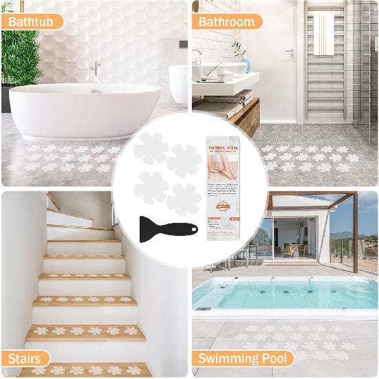 Non Slip Bathtub Stickers, 24 PCS Shower Stickers for Safety Bathroom Tubs, Bathtub Non Slip Stickers and Adhesive Decals Scraper for Bath Tub,