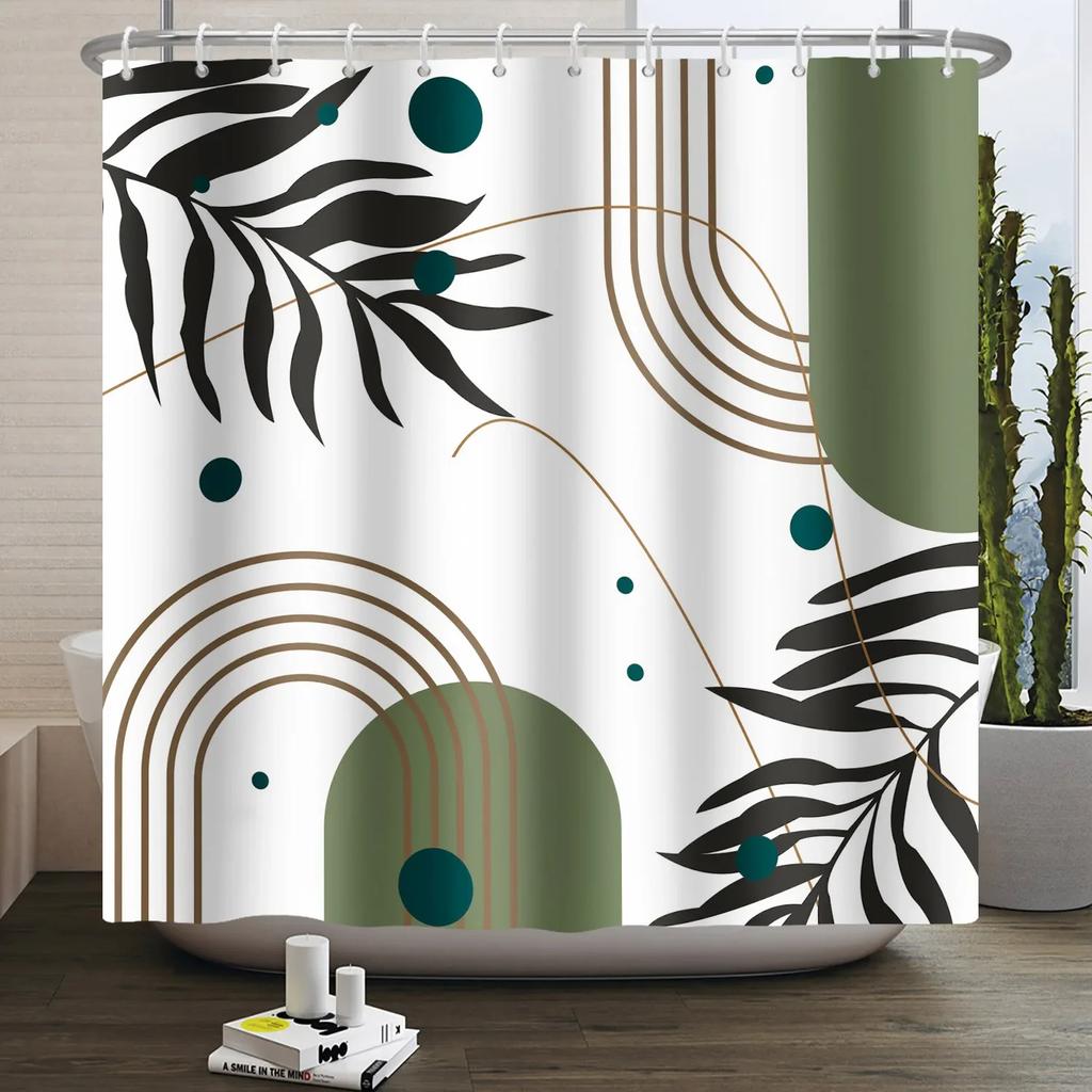 Mid Century Abstrakt Boho Duschvorhang Grünes Blatt Pflanze Modern Bogen Sonne Minimalistisch Nordisch Wasserdicht Badezimmer Badvorhang