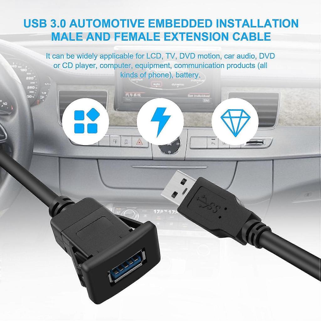 1M Socket Cable USB 3.0 Auto Car Mount Male to Female Extension Cord Dashboard Panel Square Audio L