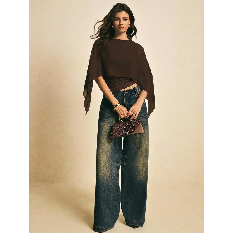 2026 Women's Cape Sleeve T-Shirt Slim Fit Round Neck Chiffon Blouse Elegant Asymmetrical Top