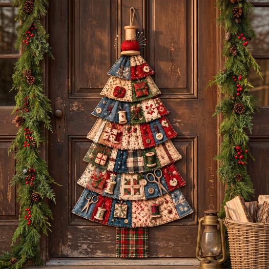 Decorative Mantel Accent for Holidays Christmas Handmade Door Hanging Kit, Patchwork Tree Decoration DIY Sewing Oversized Silhouette Ornament