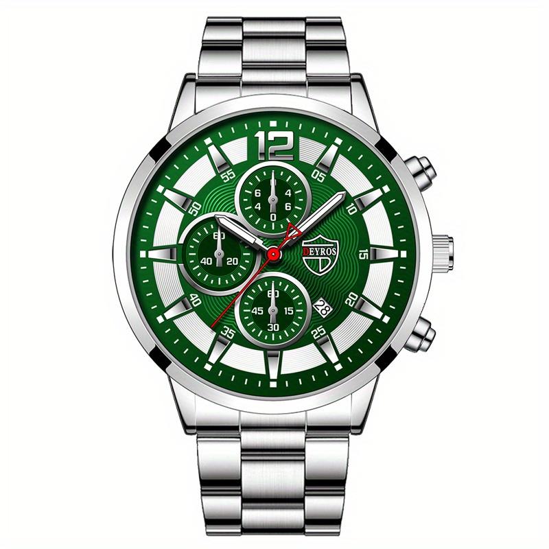 

Модные мужские часы из нержавеющей стали, роскошные кварцевые наручные часы с календарем, мужские деловые часы для мужчин, светящиеся часы зеленый цвет-серебро
