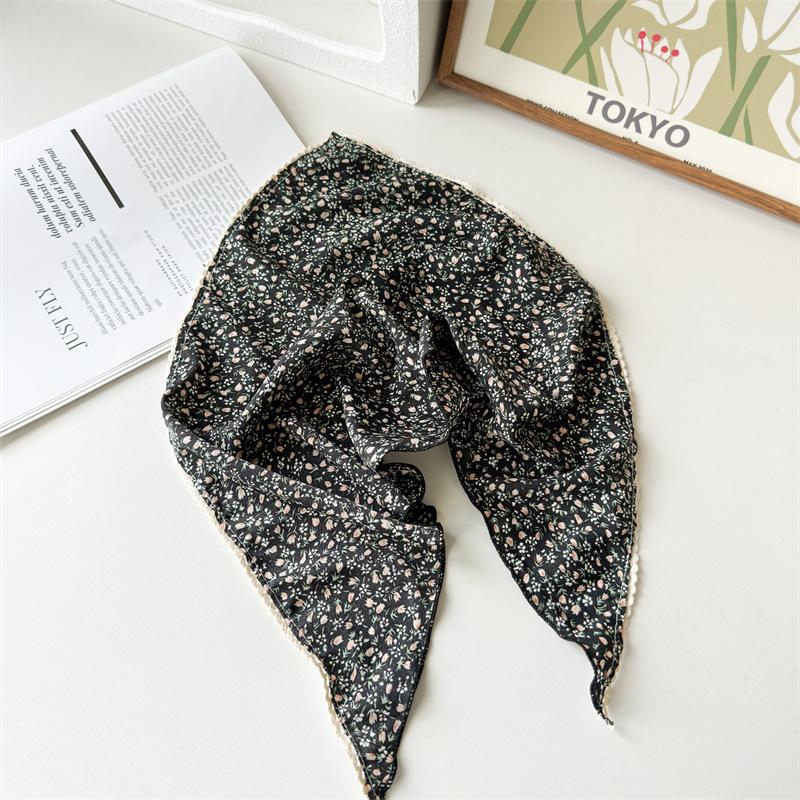 

Элегантный шифоновый платок-треугольник с цветочным кружевом, повязки на голову, летний платок для волос для женщин, корейские аксессуары для волос, головной убор чёрный