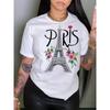 Short-Sleeved Paris Eiffel Tower Printed Crew Neck Casual T-Shirt for Summer Spring Women Aesthetic Clothes