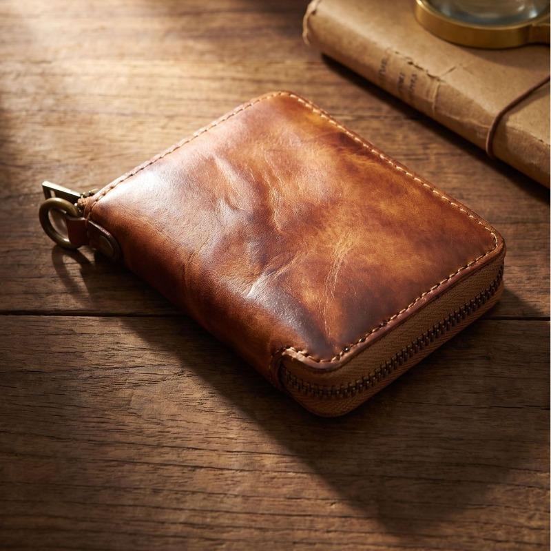 Multi-Functional Genuine Leather Wallet for Men, Vintage Zipper Purse, All-in-One Organizer for Cards, Cash, Coins & ID