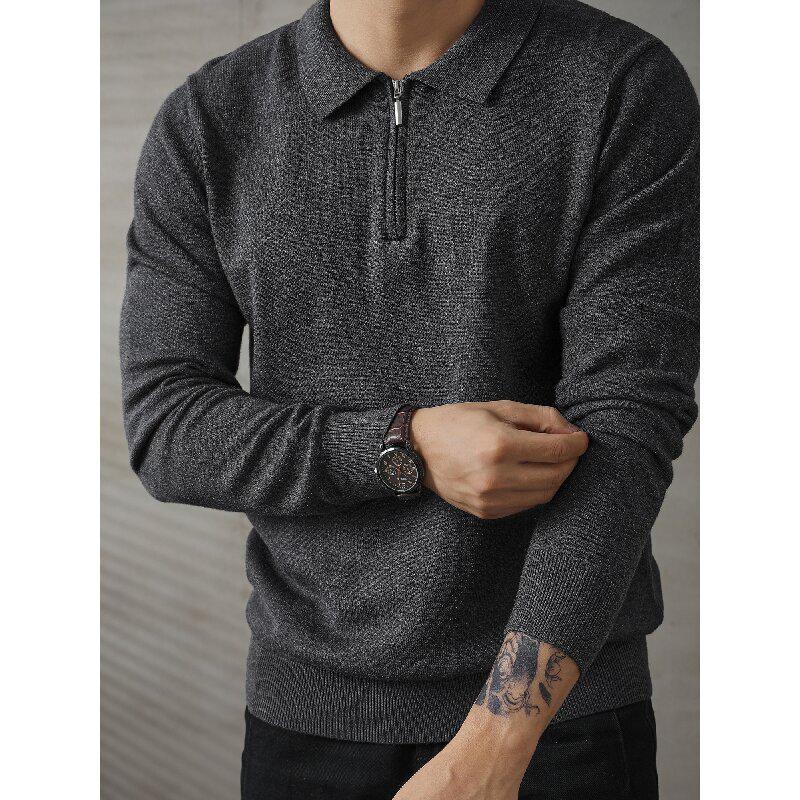 

Men s Solid Color Half-Zip Polo Knit Sweater with Lapel - Versatile Long Sleeve Basic for Autumn L сірий колір