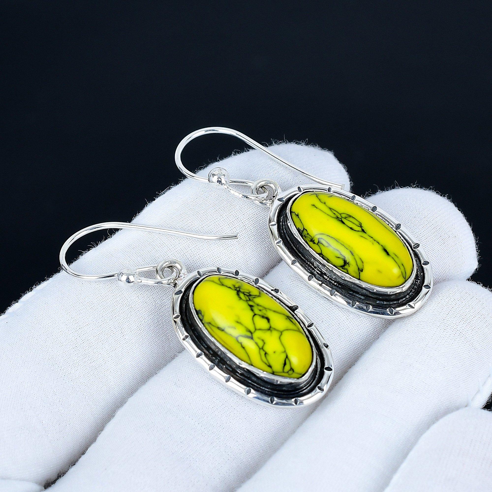 

Yellow Mosaic Jasper Gemstone Earrings, 925 Sterling Silver Earrings, Handmade Silver Earrings For Gift, Mosaic Jasper Dangle Drop Earrings For Gift 5.5 Cm