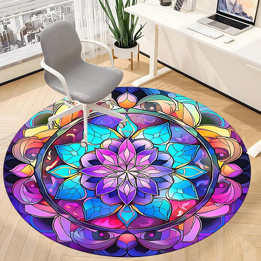 1 Stück Buntglas Mandala Stuhlteppich für das Büro, Runder Polyesterteppich, Innendekoration für das Büro, Waschbarer rutschfester Teppich yy251219012