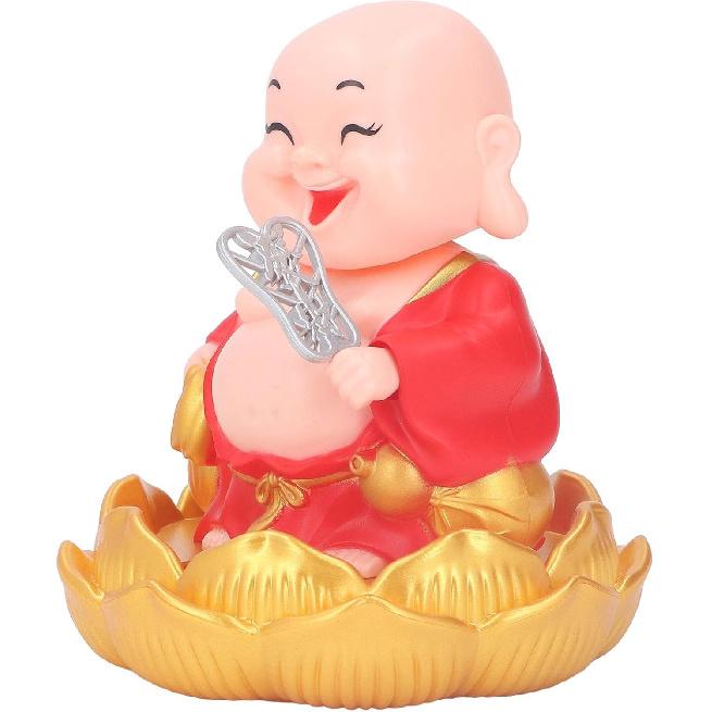 Walfront Solar Powered Figurine Nodding Smiling Buddha Maitreya Solar Buddha Statue Toy Little Monk Figurine Desktop Ornaments (Red)