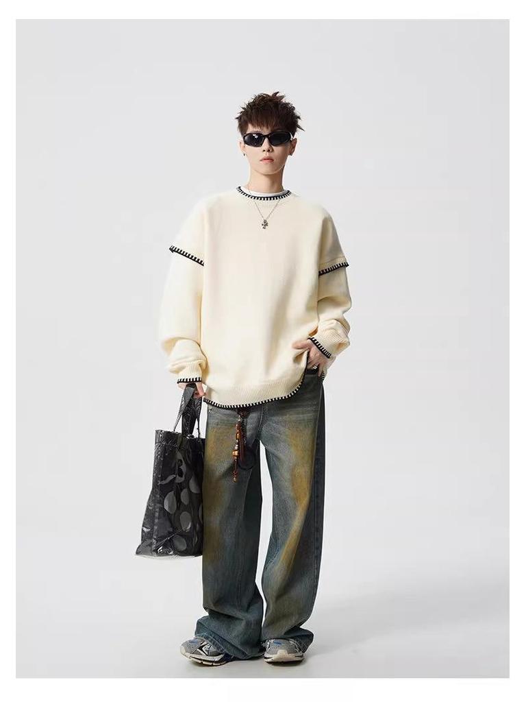 Men's Trendy Hand-Stitched High-End Knit Sweater with Contrasting Colors - Versatile and Stylish Base Layer
