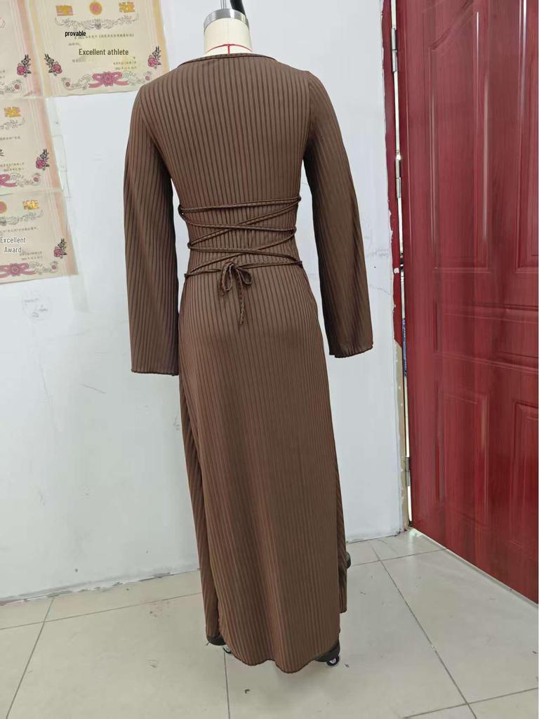 Women's Solid Color Stripe U-neck Long Sleeve Lace-up Dress