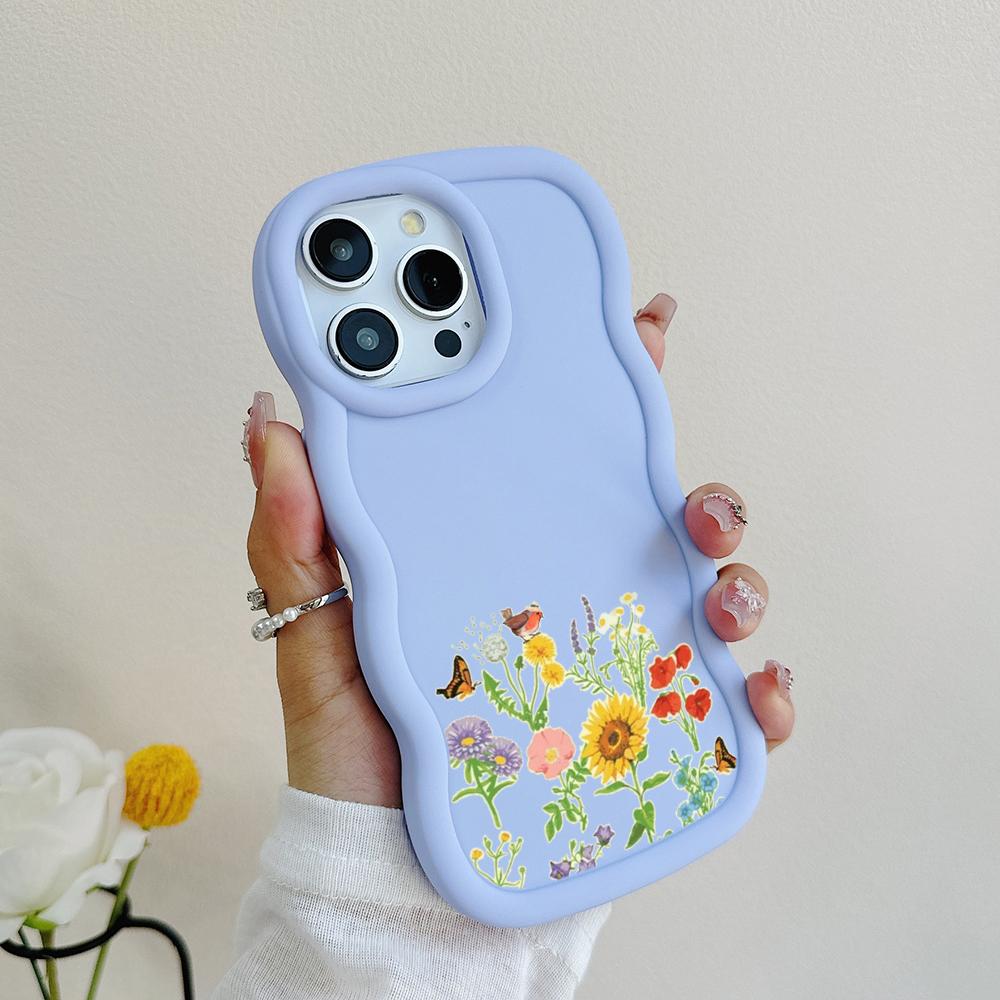 N75 Butterflies Flowers Macaron Wavy Edge Phone Cases for iPhone 16 Pro Max Samsung S24 S23 Ultra A35 A54 A55 Xiaomi Redmi Note 13 Shockproof Cover