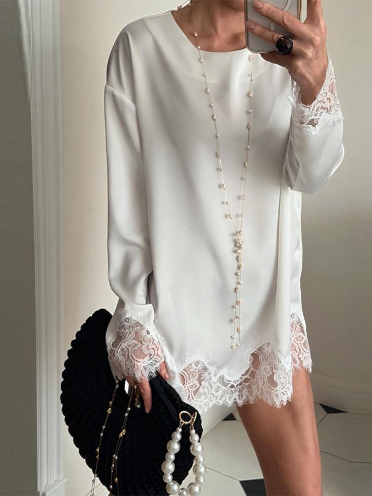 Fashion Solid Color Satin Pearl Mesh Two Piece Set Trendy Long Sleeve Lace Trim Top Fringe Mini Skirt Woman Party Bridal Outfit