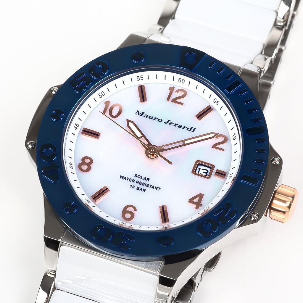 Mauro Geraldi Solar Ceramic 10 ATM Water White MJ034-4 Watch, Resistant, Calendar,