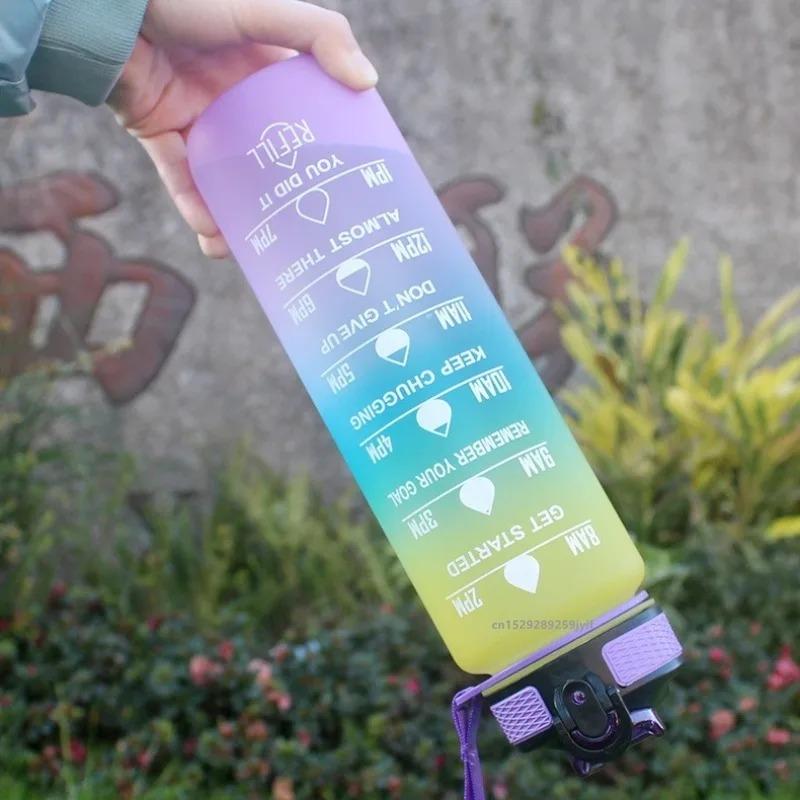 Large Capacity Water Bottle With Time Marker And Straw Gradient Color Leakproof Drinking Sports Bottle For Fitness Gym Outdoor