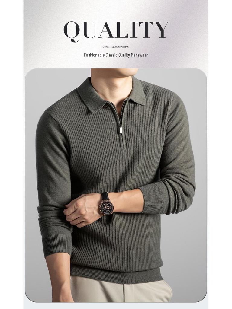 Men's 100% Wool Zipper Lapel Sweater - Korean Style Knit Pullover