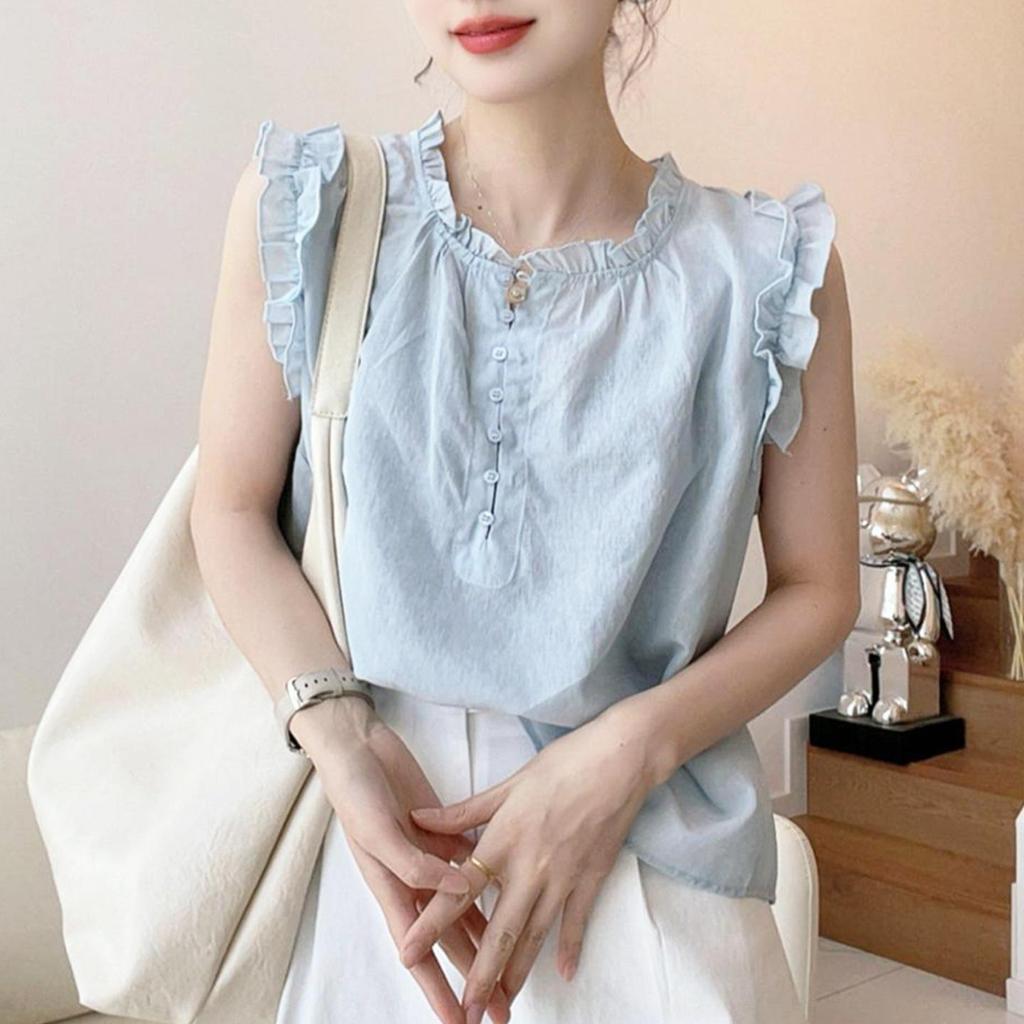 Modny top bez rękawów z falbankami na lato z okrągłym dekoltem