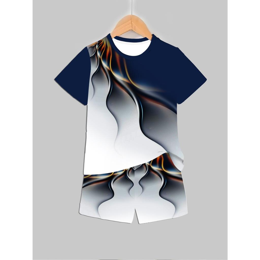 Boys' Round Neck Short Sleeved Set for Children Aged 3-14, Fashionable Printed Cartoon Boys' Short Sleeved Set