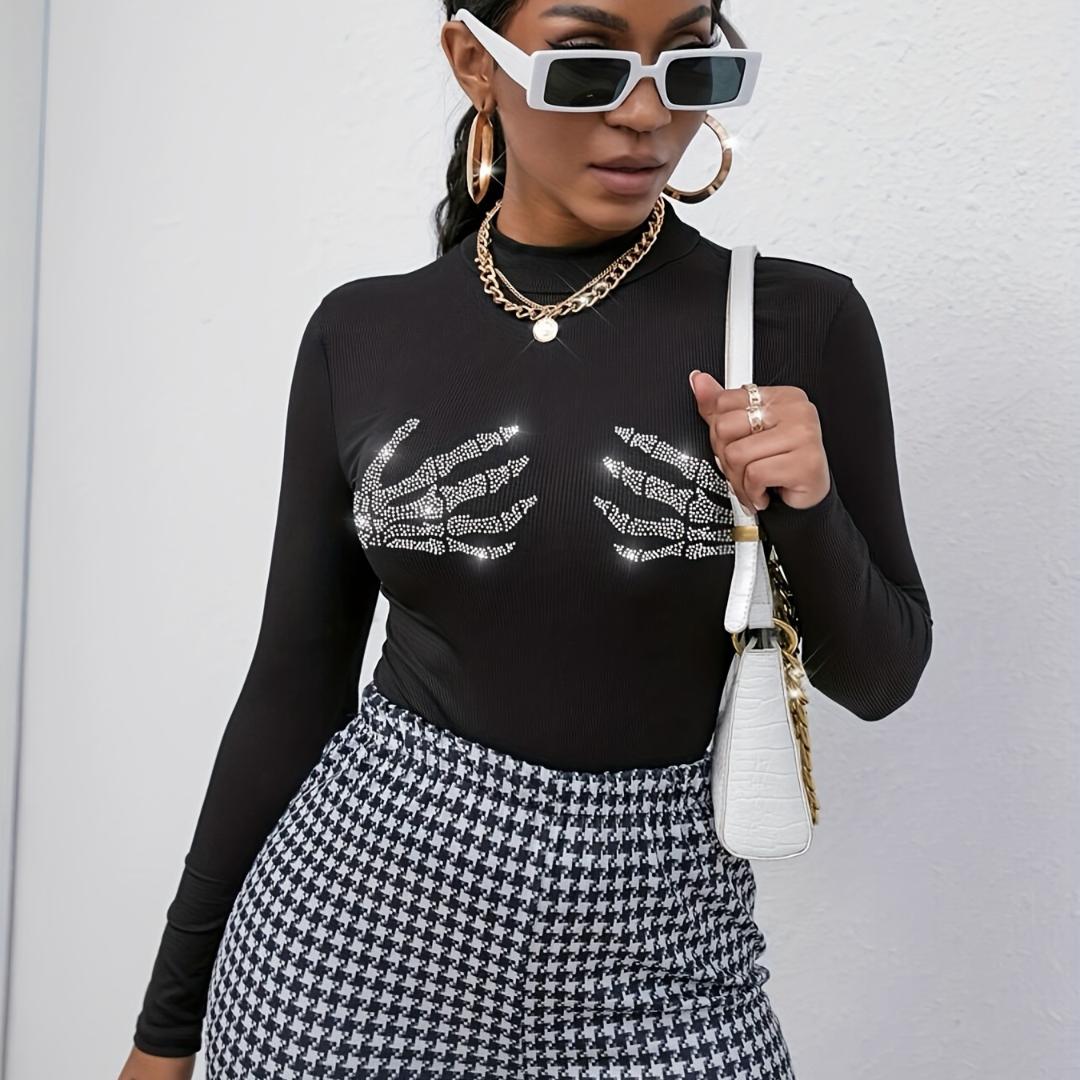 

Осень-зима, новая трикотажная футболка в рубчик на Хэллоуин с изображением черепа и бриллиантов, женская XL чёрный