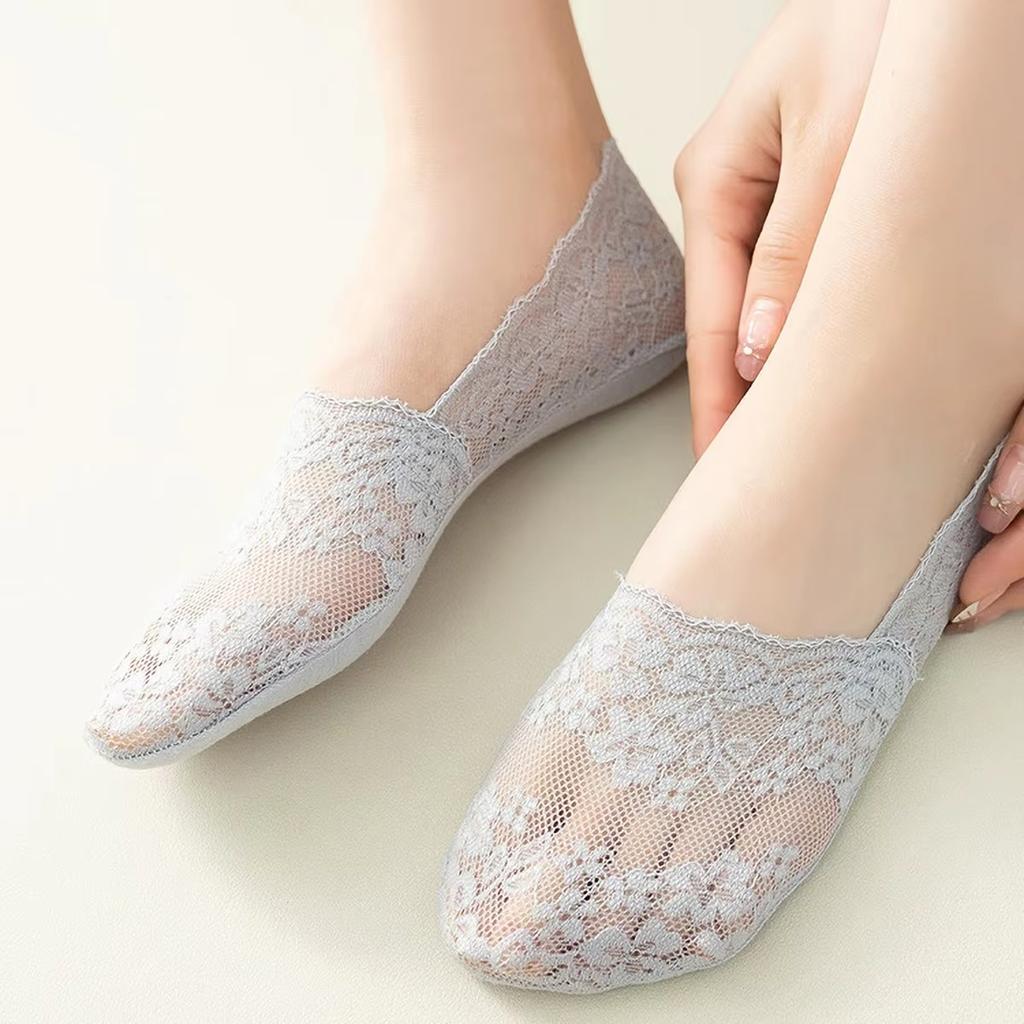 5 Pairs Women's Summer Lace Invisible Socks Boat Mesh Thin Low Cut Socks Slippers Female Ankle Silicone No Show Socks Non-slip