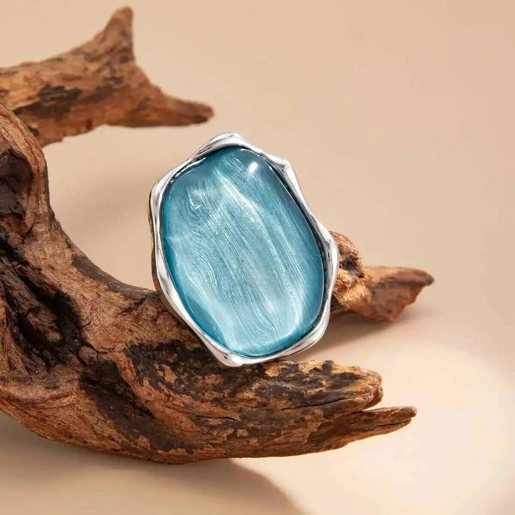 SHIXIN Vintage Blue Water Ripple Gemstone Resin Finger Ring Women Hyperbole Trendy Geometric Alloy Ring Jewelry Accessories Gift