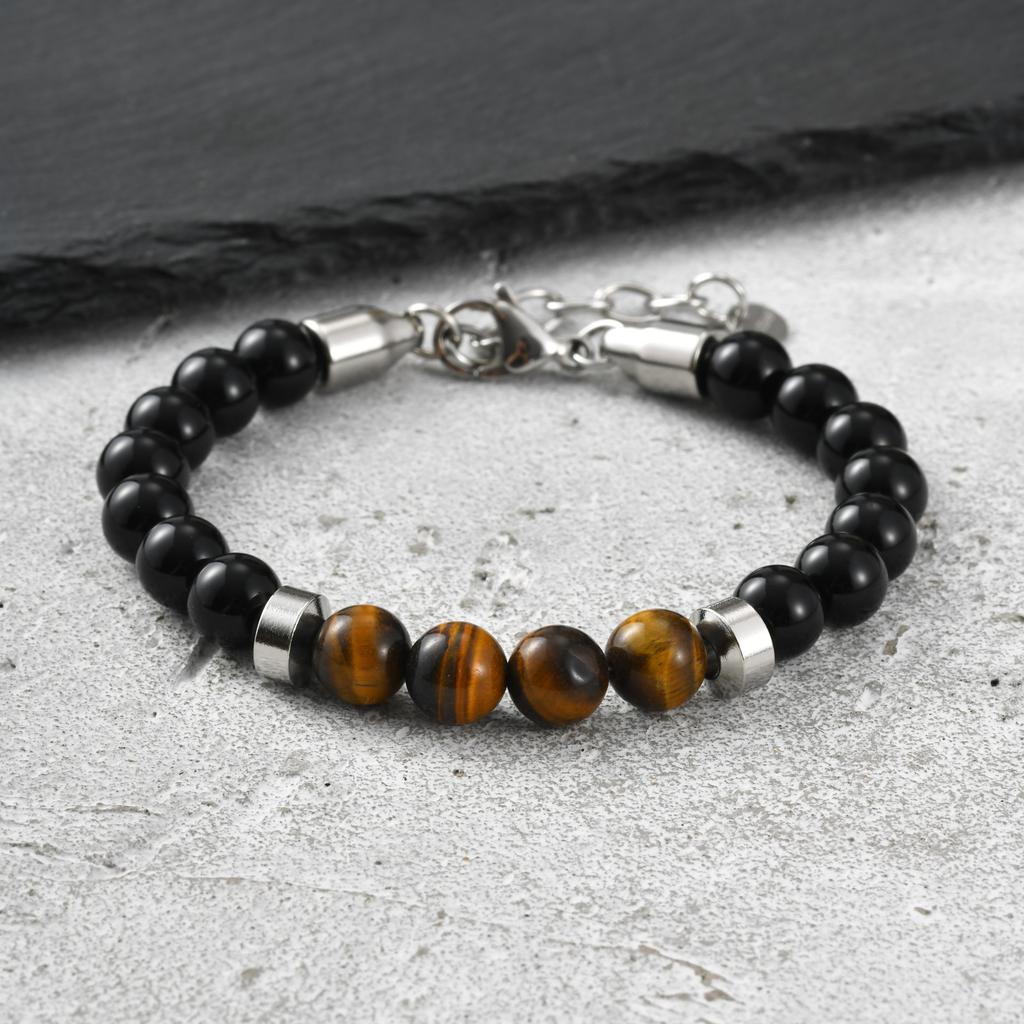 Vnox Tiger Eye Stone Beaded Bracelet for Men, Stainless Steel Spacer 8mm Beads Adjustable 19-22cm Wristband Trendy Jewelry Gift