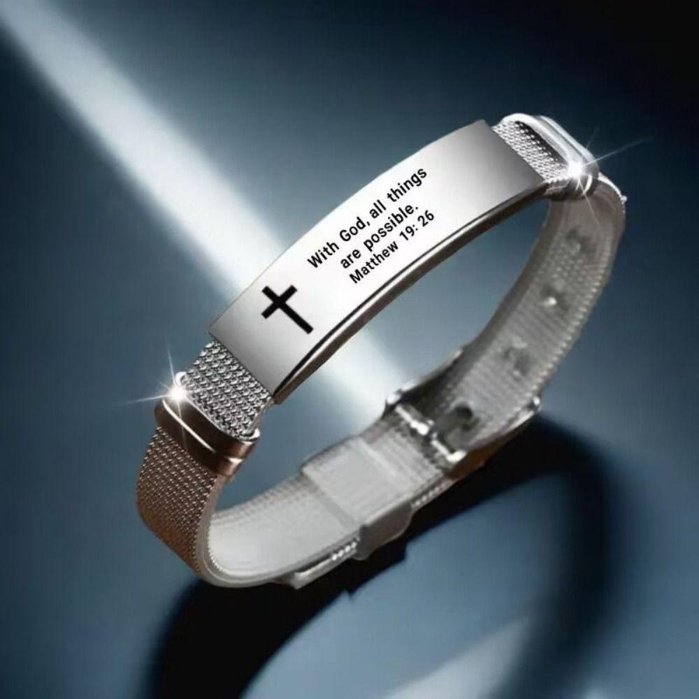 Silver Inspirational Quotes Braclets Stainless Steel/PVC Cross Braclets Religious Gifts