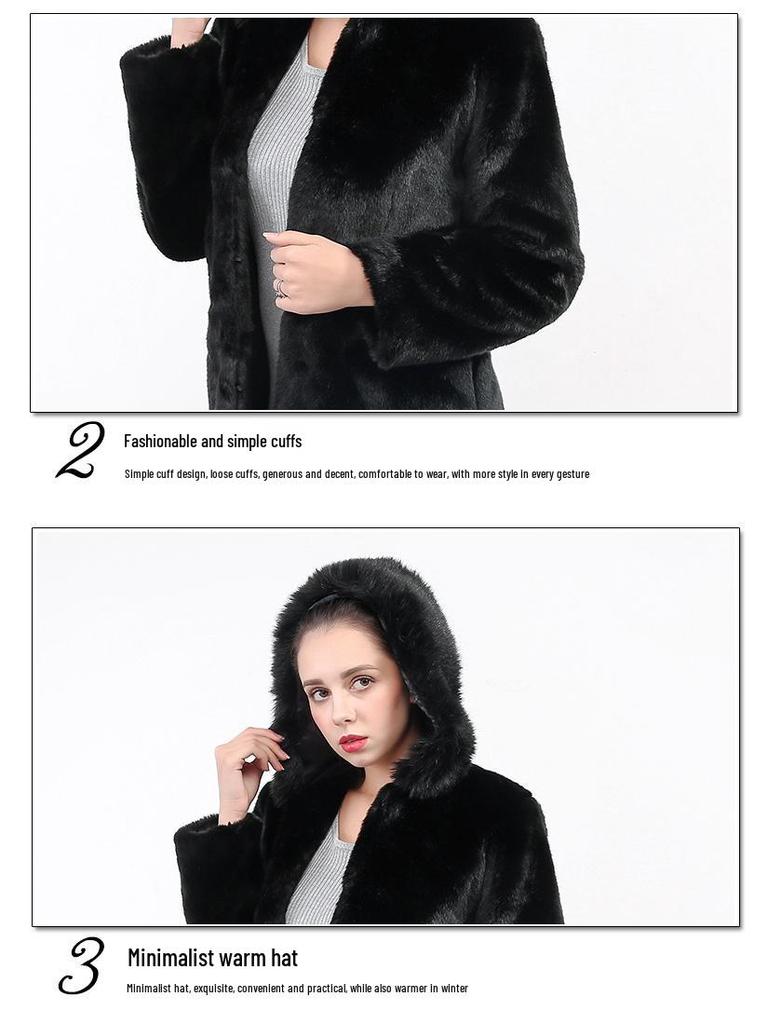 Women's Mid-Length Faux Mink Coat with Hood and Fox Fur Collar - Korean Style