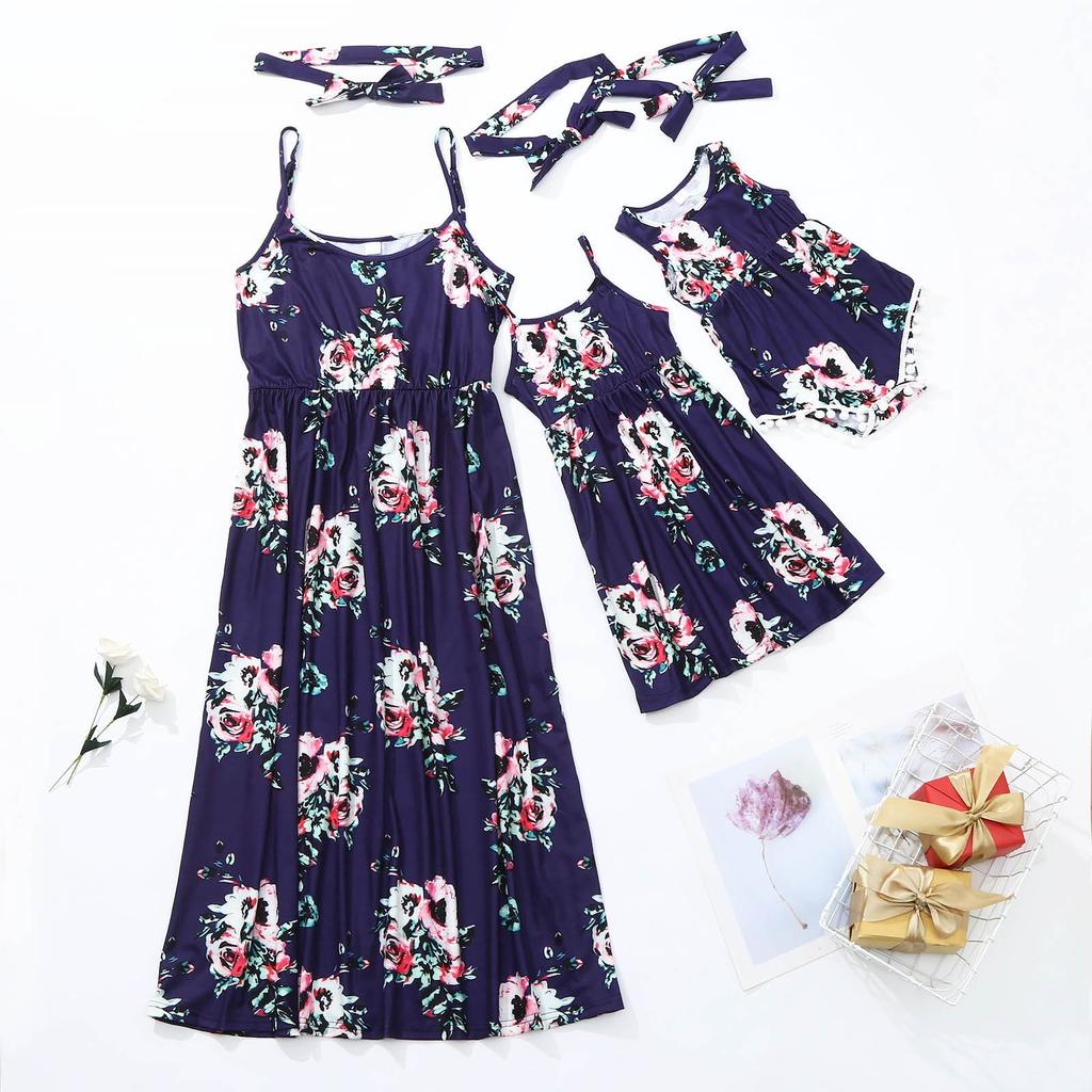 Summer Mommy And Me Sleeveless Romper Maxi Dresses+Headband Family Matching Set