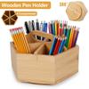 360° Rotating Pen Holder Wooden Hexagon Desktop Pencil Organizer with 6 Compartment and Handle Stationery Storage Box for Office