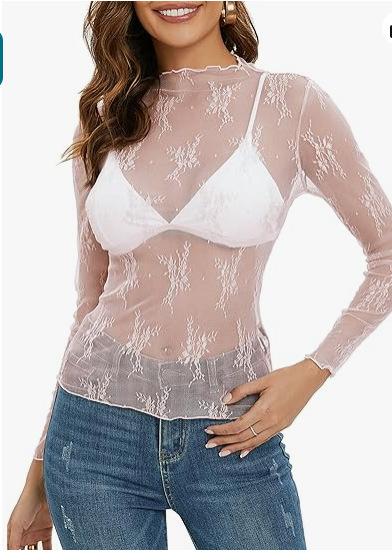 Women's Mesh Transparent Lace Layered Top Neck See-Through Shirt