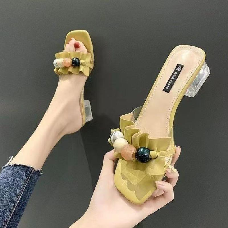 Ciabatte di Cristallo - Scarpe da Donna con Tacco Spesso e Punta Quadrata, Sandali con Tacco Alto