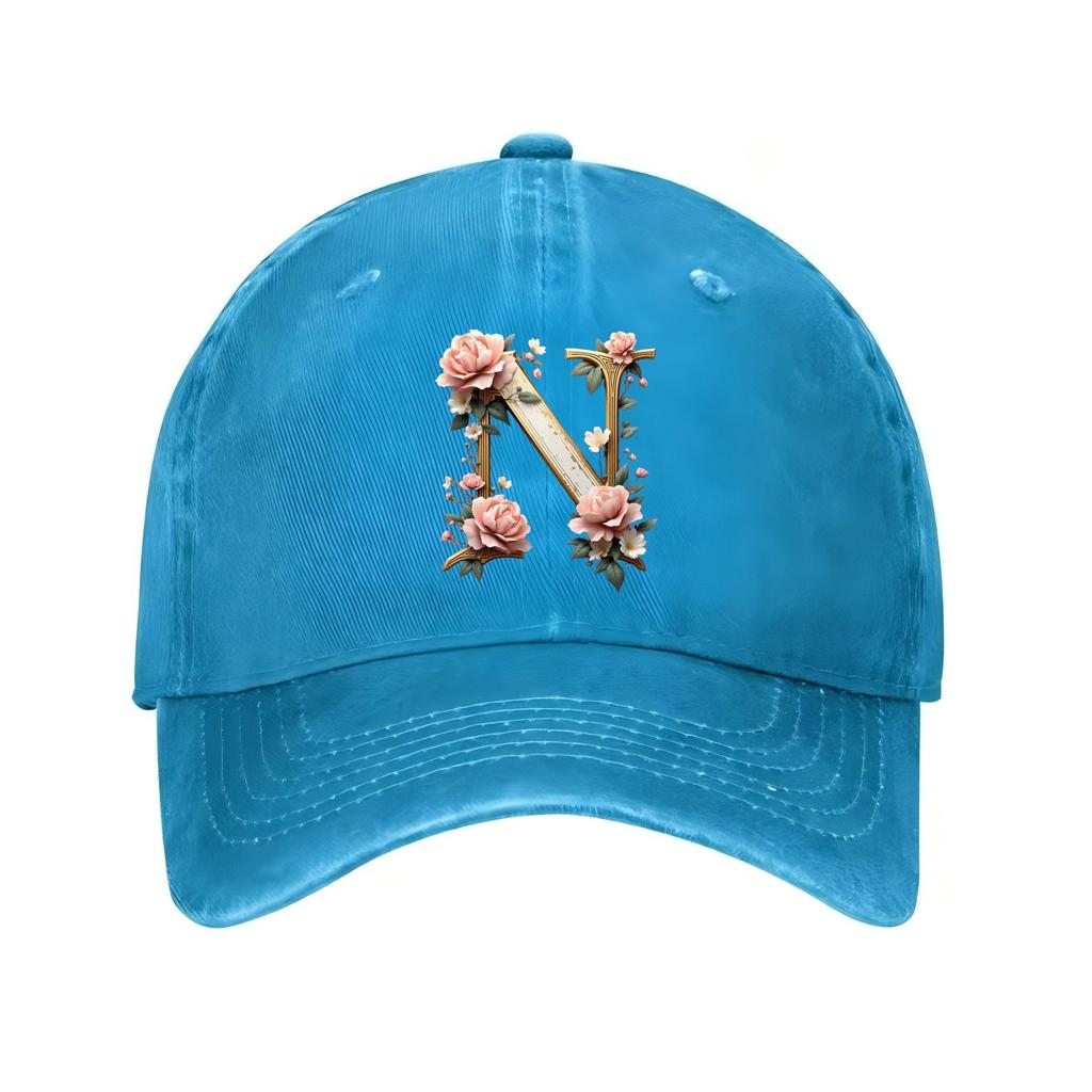 Floral Letter N Monogram Baseball Cap Adjustable Distressed Polyester Casual Hat for Unisex Adults