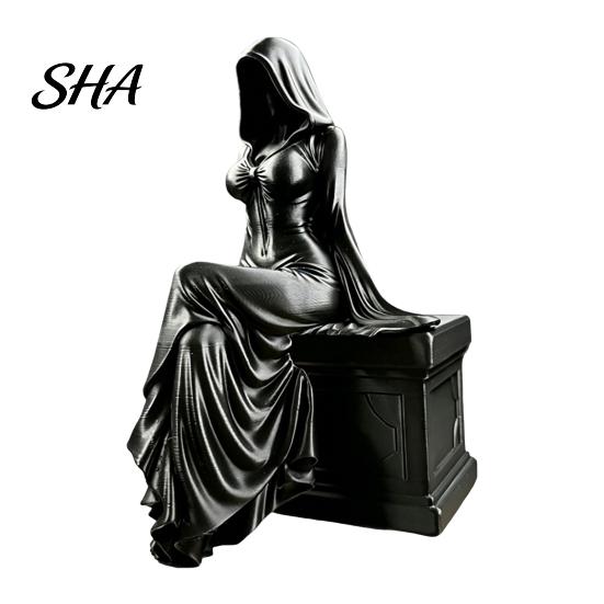 3D Printed Gothic Figurine Lady Reaper Figurine, Hooded Girl Statue, Bookshelf Decor, Resin Dark Fantasy Doll Ornament, Mysterious Elegant Sitting B