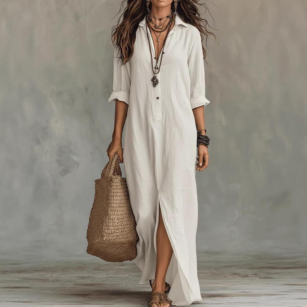 2026 Spring/Summer Casual Solid Color Lapel Slit Dress