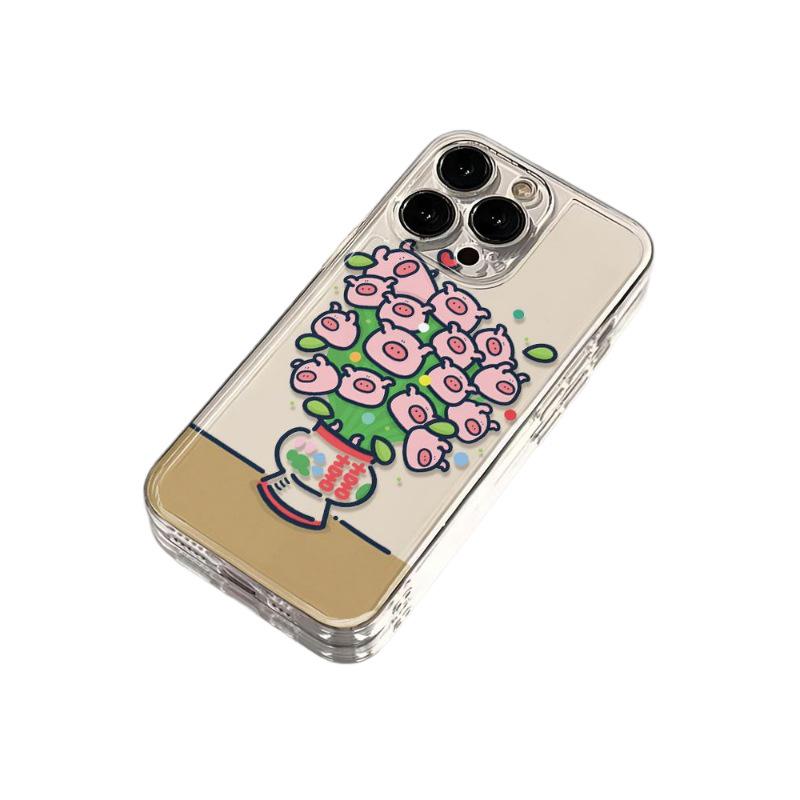 Green Plant Potted Pig Transparent Phone Case for Apple iPhone 13/14/15/16/17 Pro/Pro Max - Soft Shell
