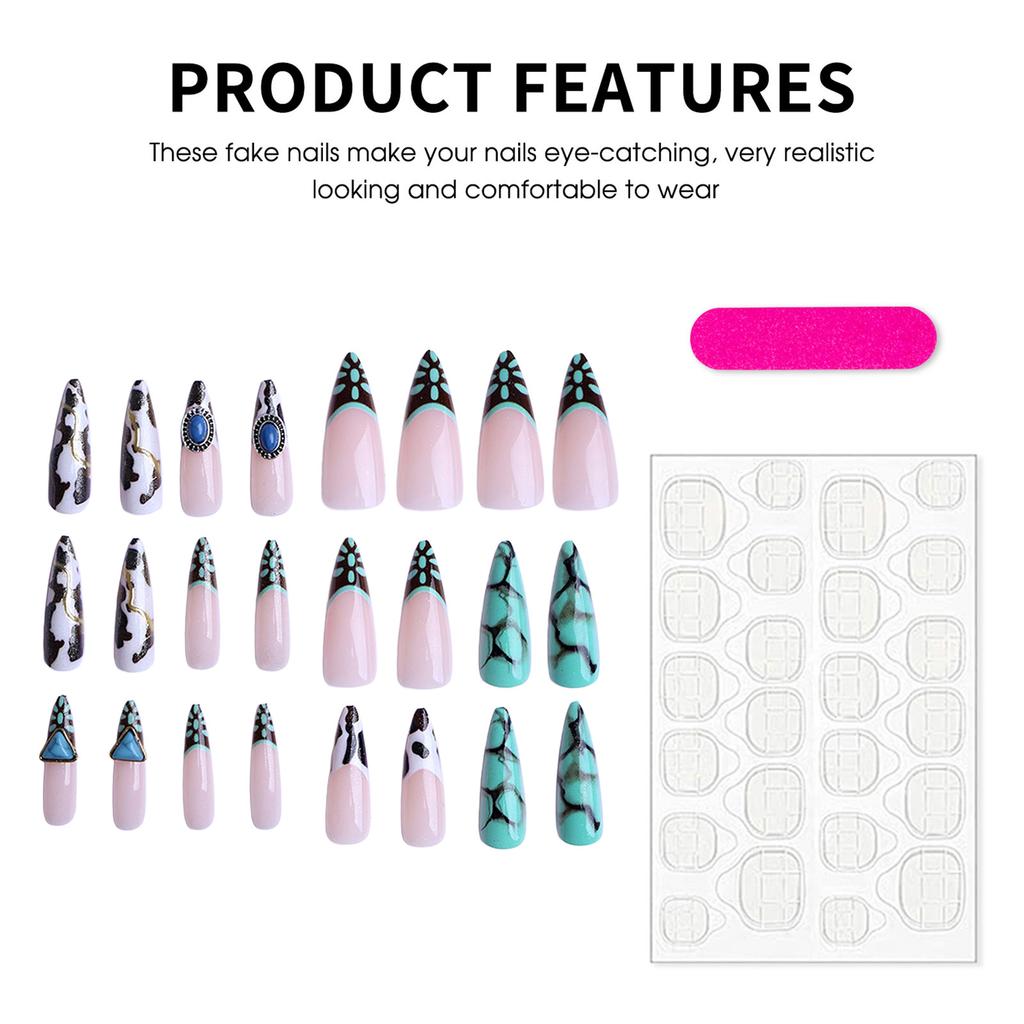 24PCS French Tip Fake Nails with Ink Crack Design Eco-Friendly ABS Material for Wedding Party