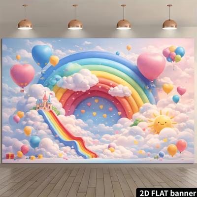 2D Rainbow Cloud Castle Tapestry, Colorful Balloon Kids Room Background