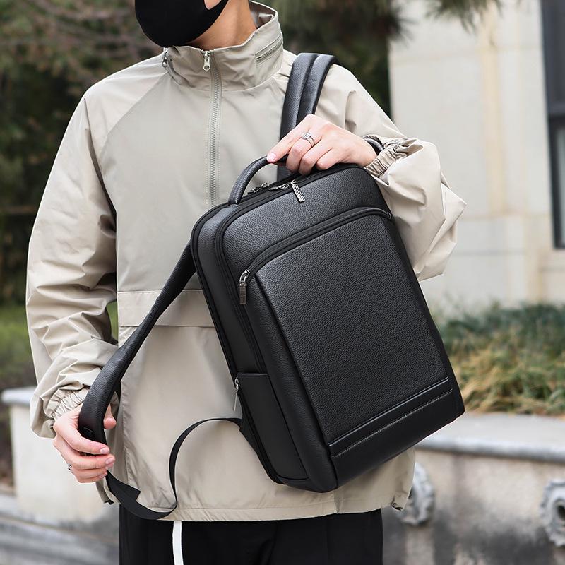 2026 Men s Business PU Leather 14-inch Laptop Backpack for Commuting & Travel