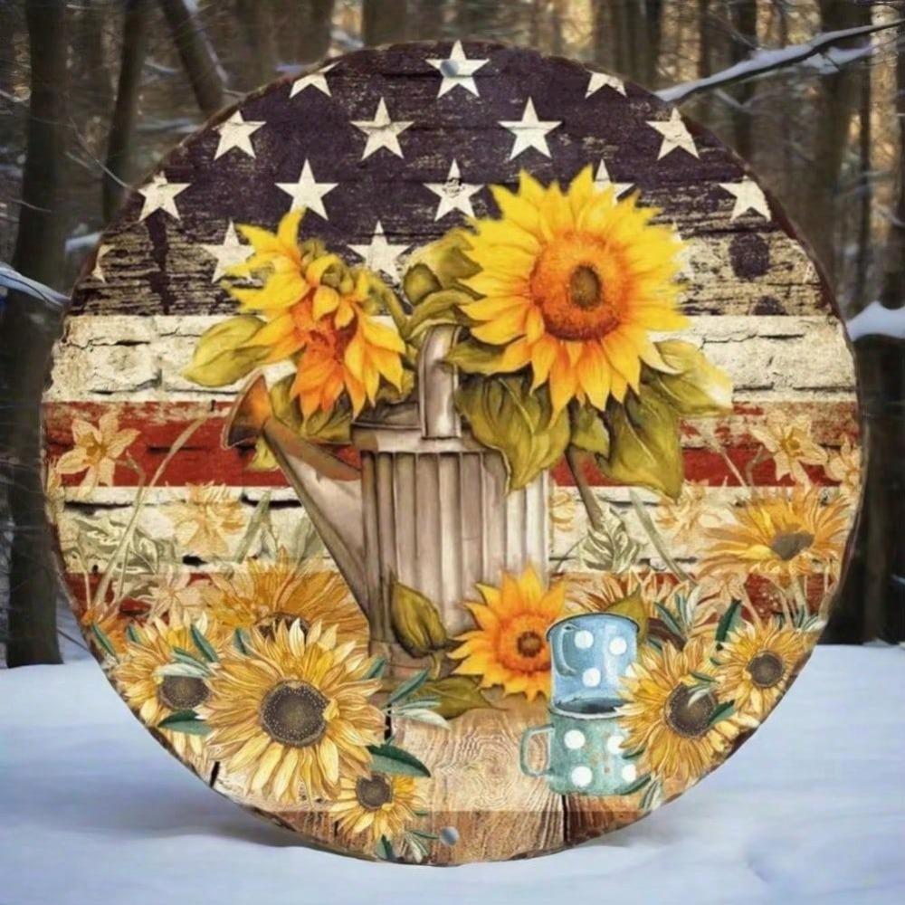 Vintage Round Metal Tin Sign American Flag Sunflower Rustic Wall Art Home Decor