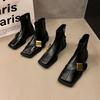 Black Leather Ankle Boots For Women Elegant With Low Heels Woman Short Shoes Spring Autumn Square Toe Booties  Footwear