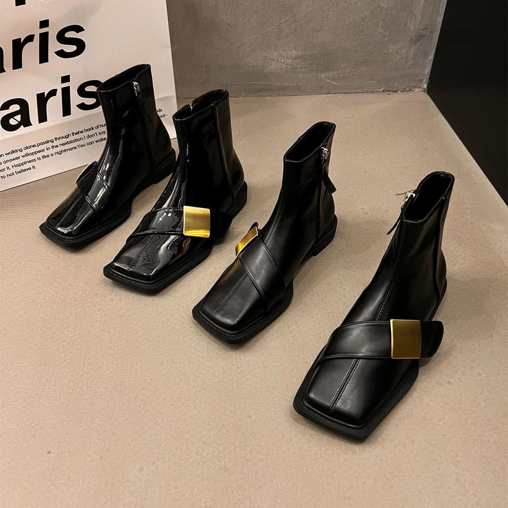 Black Leather Ankle Boots For Women Elegant With Low Heels Woman Short Shoes Spring Autumn Square Toe Booties Footwear