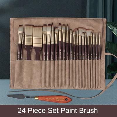 24 Pcs High Quality Nylon Hair Paint Brush Set Portable Simulated Leather Cloth Bag Oil Painting Brush Watercolor Artist Supply