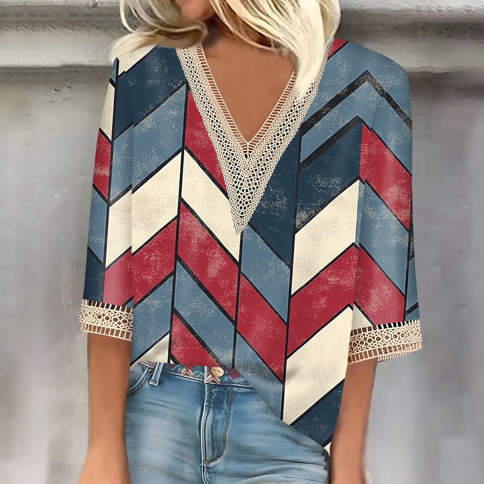 

Женский кружевной топ с винтажным принтом и рукавами три четверти XXL синий