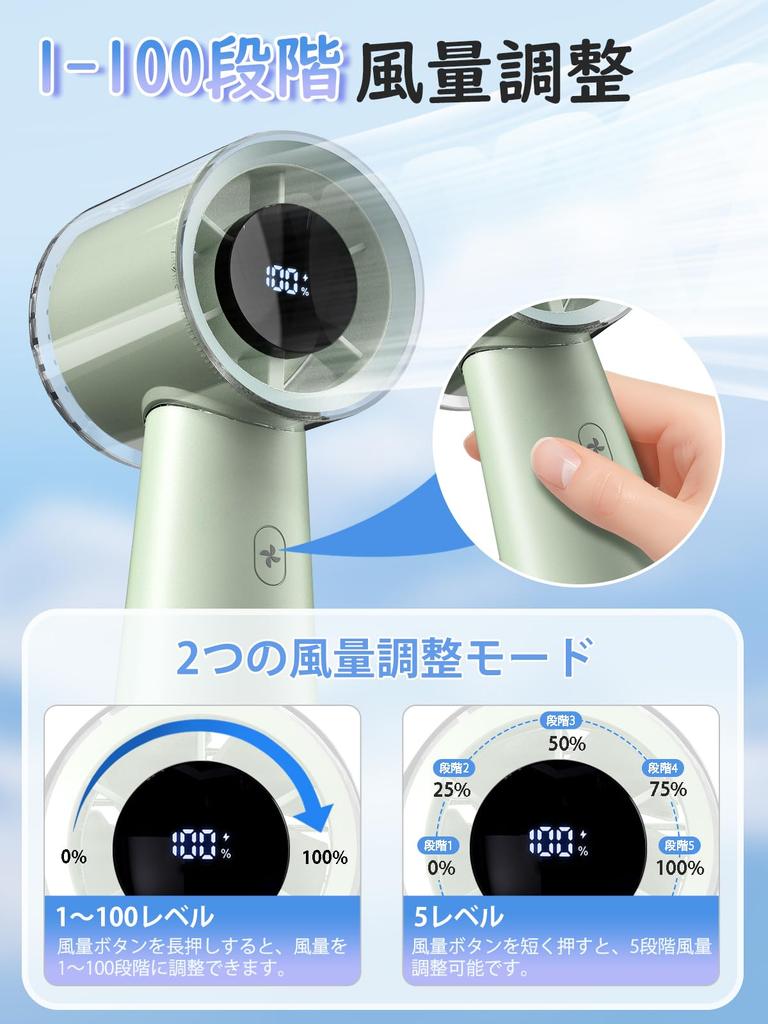 Portable Handheld Desktop 100 Speed Super Powerful DC USB Up to 9 Hours of LED Battery Level Lightweight Perfect for Heatstroke Green Fan, Fan,