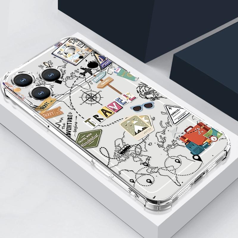 Travel Route Pattern Phone Case For iPhone 17e 17 16 15 14 Pro Max 14 13 Pro 16 Shockproof Clear TPU Soft Card Slot Pocket Cover