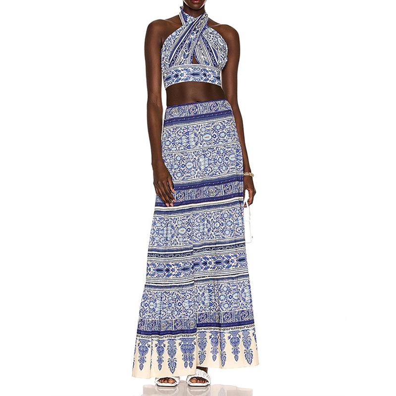 

High Waist Vacation Style Fashion Print Midi Skirt Large світло-синій колір
